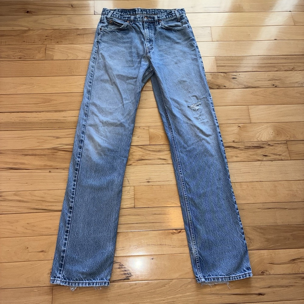 Vintage Levis 505 Jeans Mens Light Blue Denim Orange Tab 90s Size 33x36 Distress